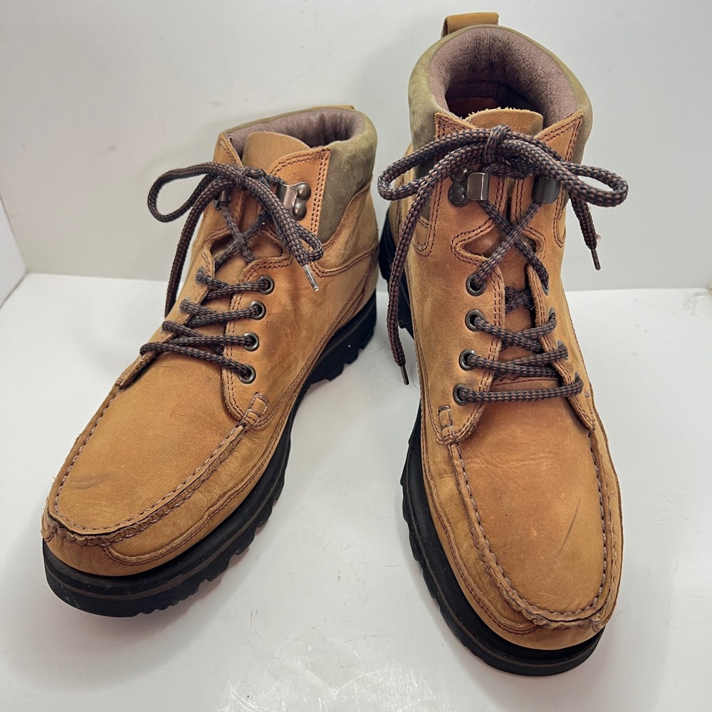 Bass Womens Tan Leather Hiking Boots Moc Toe Lug Sole Made in Brazil Size 10